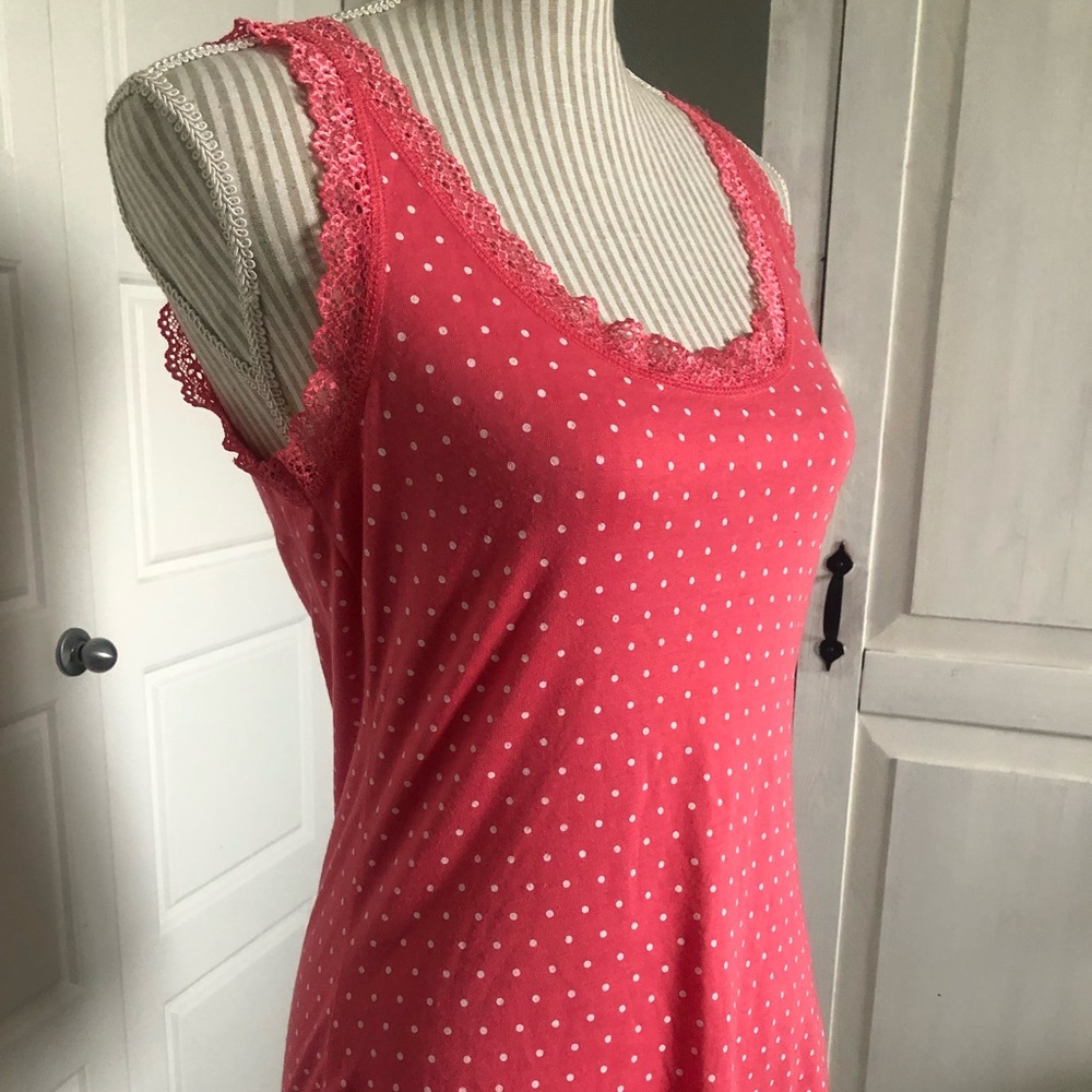 Coral & White polka Dot Lace Trimmed Scoop Neck Tank